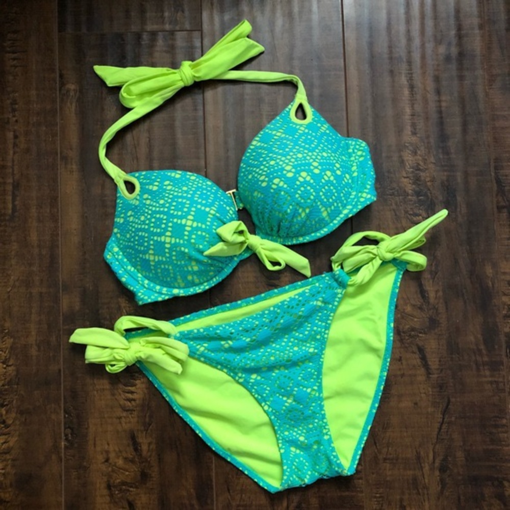 Victoria’s Secret Neon Green/Blue Lace Bikini Set